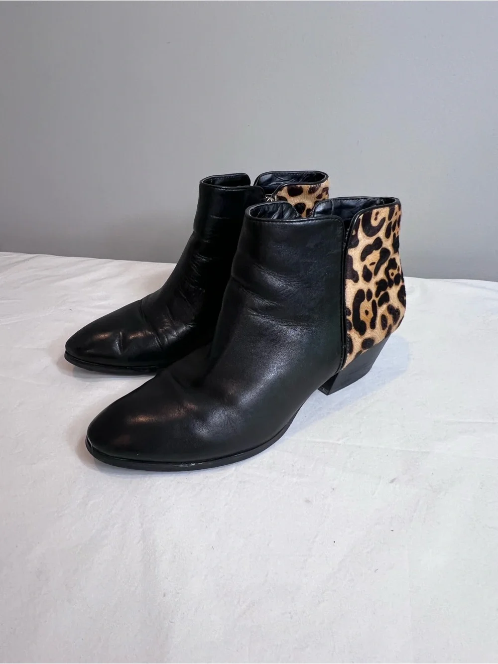 Franco Sarto Quasar black leather ankle boots leopard print calf hair heel 10